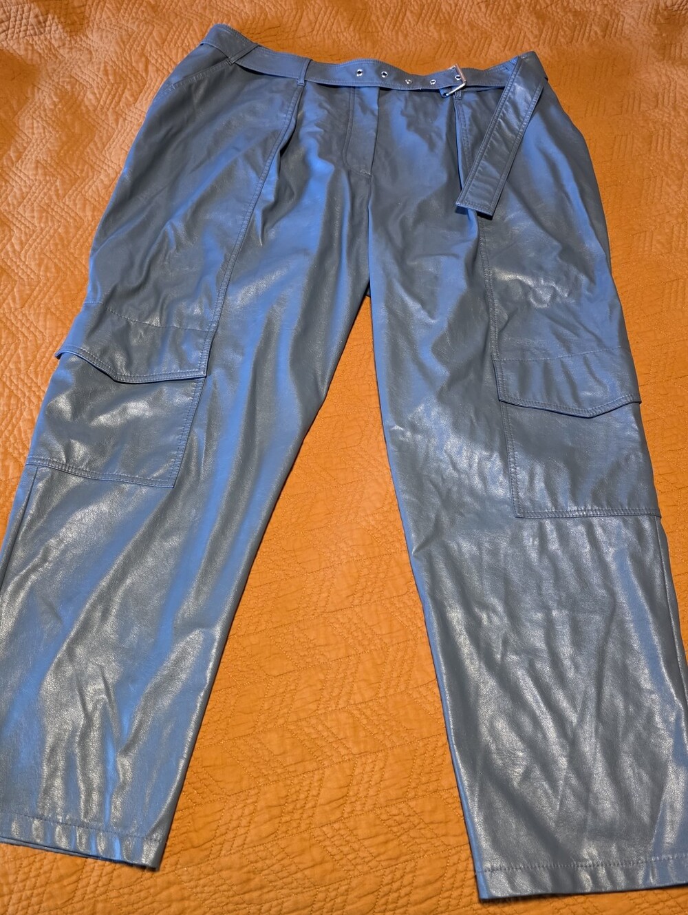 Tanya Taylor Steel Gray Blue Faux Leather Cargo Trousers SZ 16